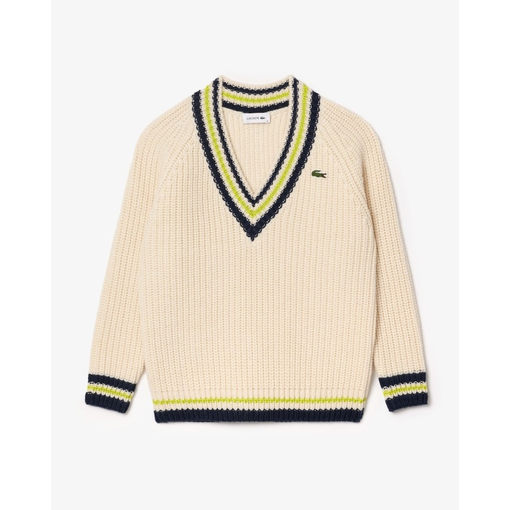 Lacoste Women's Sweater NWOT Oversized Wool V-Neck Tennis White Cream 44 XXL‎